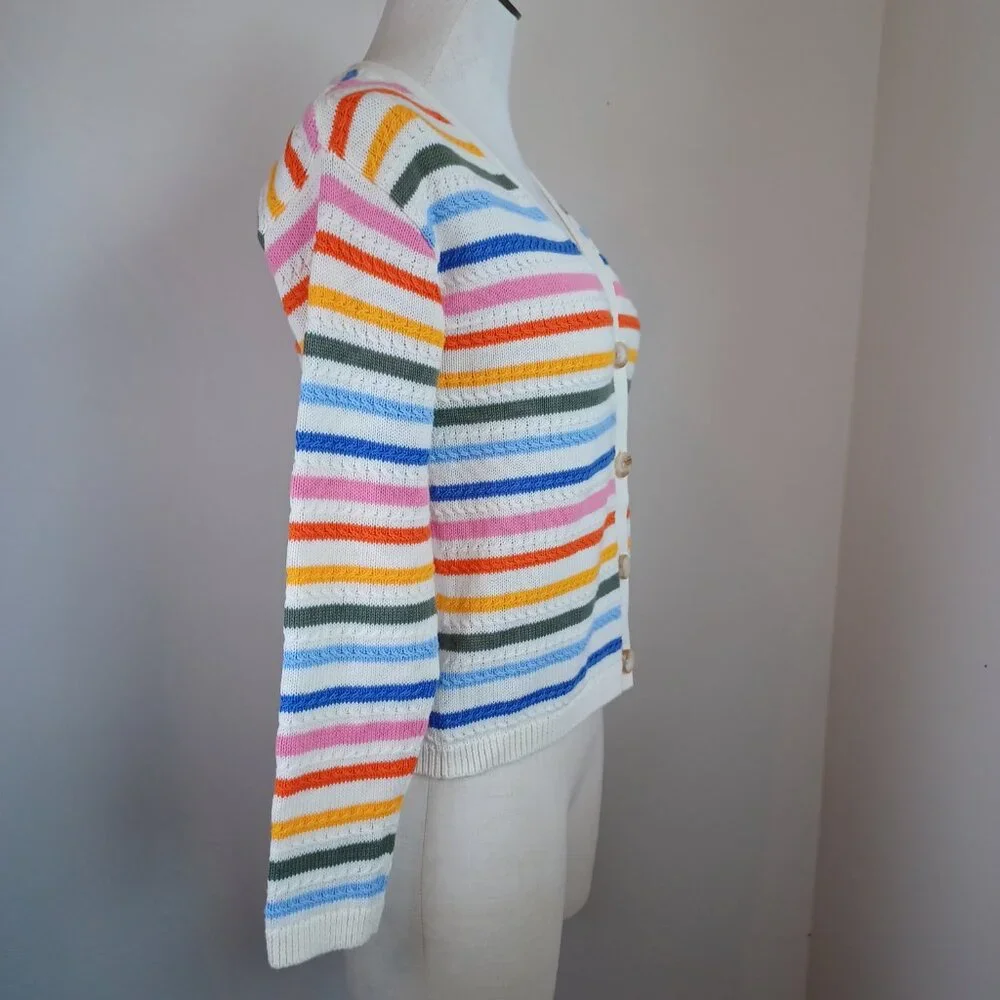 Talbots Sweater Multi Stripe Cardigan V Neck Button Front Womens‎ Petite